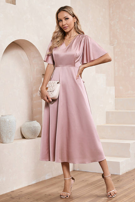 Robe Pastel Rose Satin Col V Midi - gallery 2