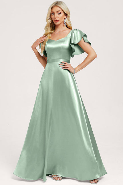 Robe Pastel Verte Satin Longueur Ras Du Sol - gallery 1