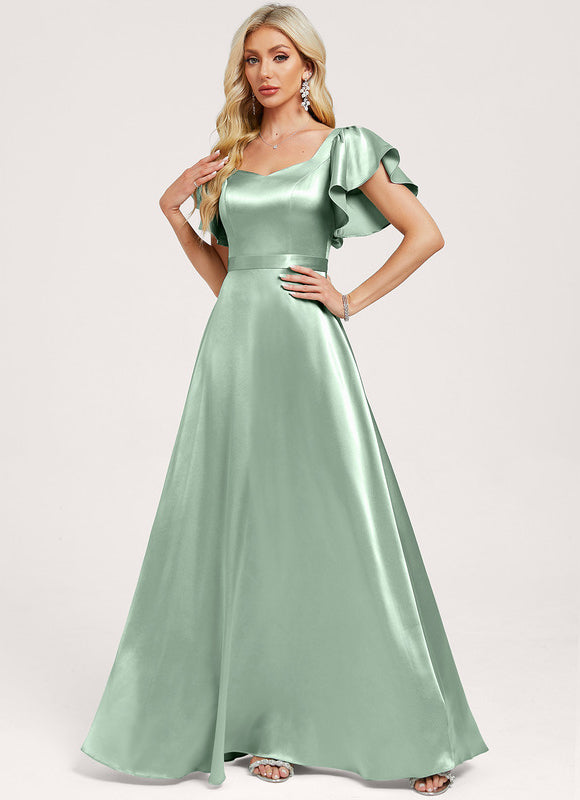 Robe Pastel Verte Satin Longueur Ras Du Sol - gallery 1
