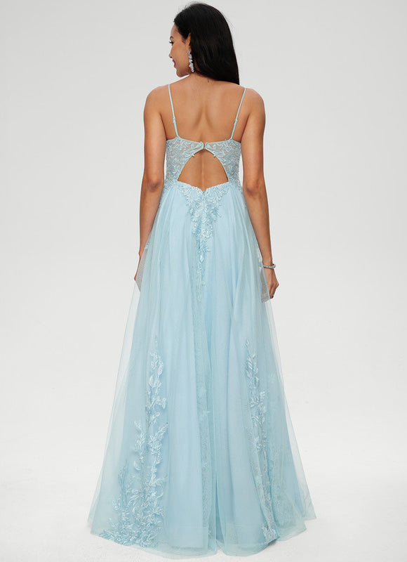 Robe Pastel Bleu Col V Tulle Paillettes - gallery 1