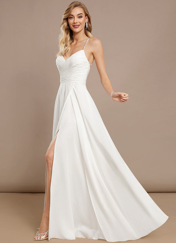 Robe Pastel Blanche Col V Longueur Ras Du Sol - gallery 2