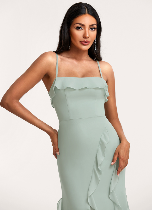 Robe Pastel Verte Col Carré Volants - gallery 4