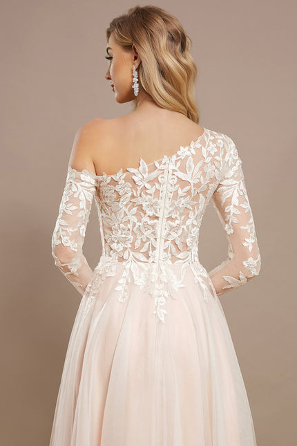 Robe Pastel Rose Col Asymétrique Tulle Dentelle - gallery 5