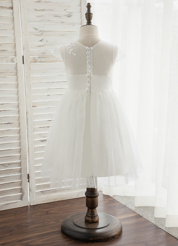 Robe Pastel Crème Dentelle Col Rond Genoux - gallery 9