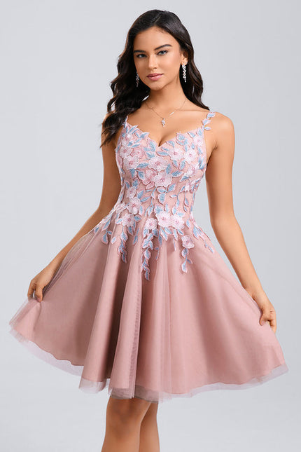 Robe Pastel Rose Col V Tulle Dentelle - gallery 1
