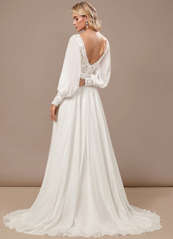 Robe Pastel Blanche Col V Traîne Dentelle - gallery 5