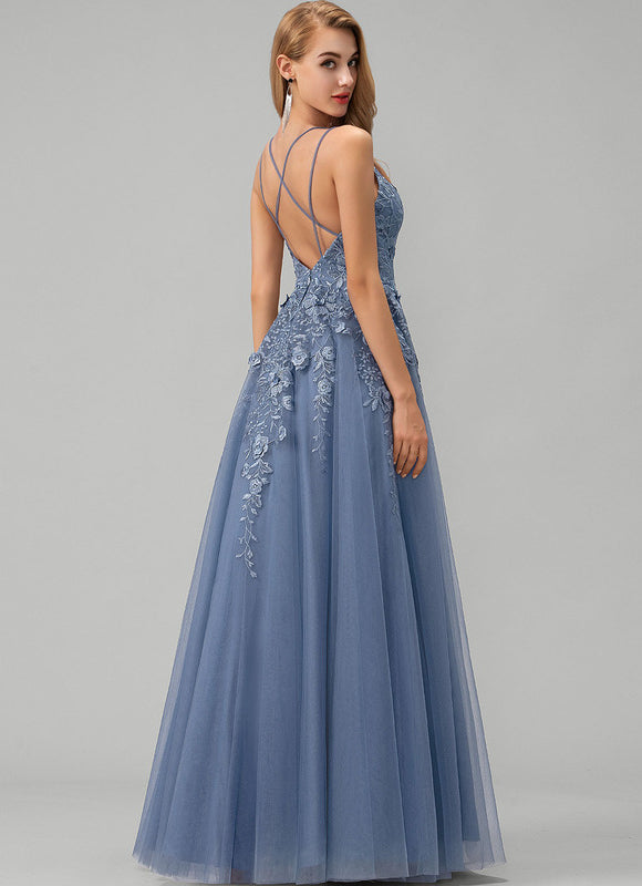 Robe Pastel Bleu Col V Tulle Longue - gallery 1