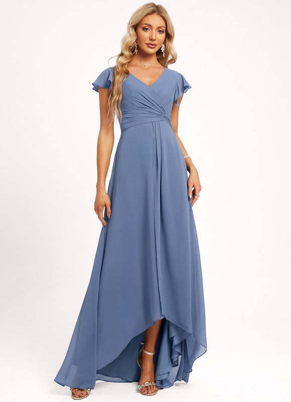 Robe Pastel Bleu Asymétrique Col V Volants