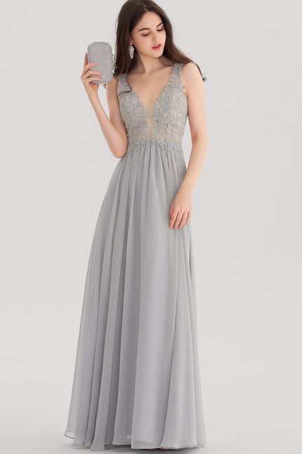 Robe Pastel Grise Mousseline Strass Col V - gallery 1