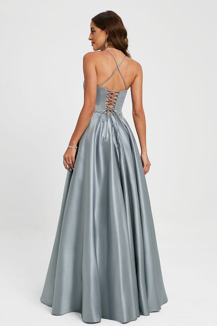 Robe Pastel Gris Satin Strass Longueur Sol - gallery 6