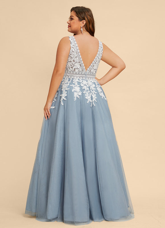 Robe Pastel Bleu Col V Tulle Longue - gallery 6