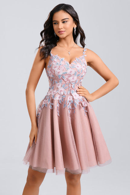 Robe Pastel Rose Col V Tulle Dentelle - gallery 2