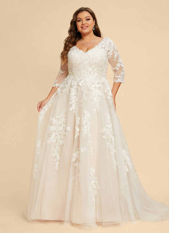 Robe Pastel Rose Traîne Tulle Dentelle - gallery 6