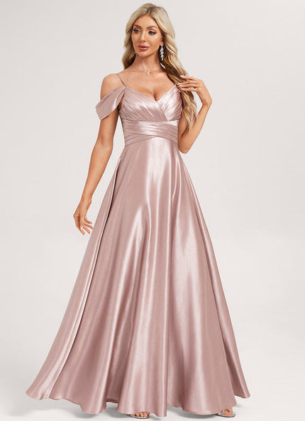 Robe Pastel Rose Décolleté Longue Satin